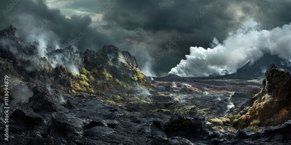 A dramatic volcanic landscape with steaming vents, black lava fields, and vibrant moss-covered rocks under a dark, cloudy sky. The raw and rugged setting feels otherworldly. A dramatic volcanic landscape with steaming vents, black lava fields, and vibrant moss-covered rocks under a dark, cloudy sky. The raw and rugged setting feels otherworldly.