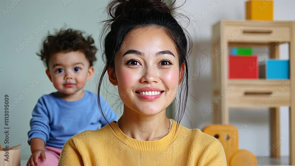 Happy Mom Smiling with Her Playful Child Indoors, Creating Joyful Moments Together Happy Mom Smiling with Her Playful Child Indoors, Creating Joyful Moments Together