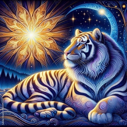 Dreamy Tiger Under the Evening Star in an Enchanted Jungle photo