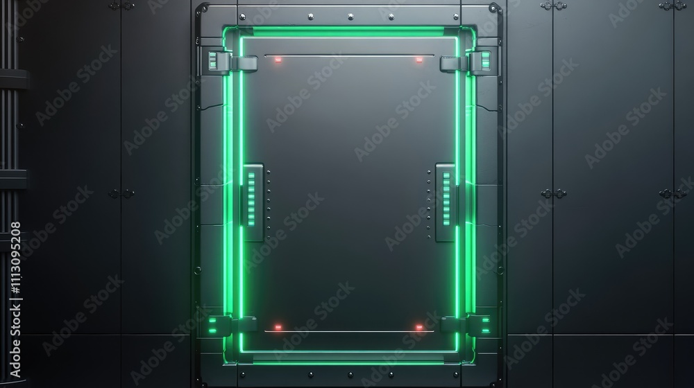 Fototapeta premium Futuristic Door with Neon Green Accents in a High-Tech Setting