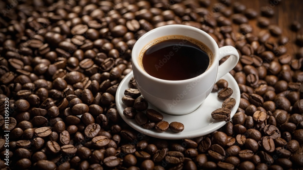 Coffee cup resting on freshly roasted bean background Coffee cup resting on freshly roasted bean background