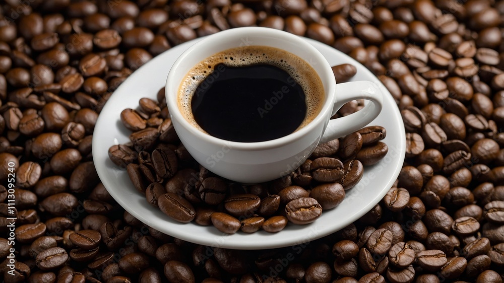 Coffee cup resting on freshly roasted coffee beans Coffee cup resting on freshly roasted coffee beans