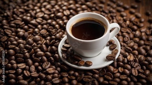 Coffee cup resting on freshly roasted bean background