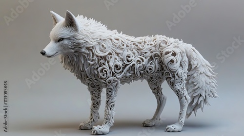 Ornate White Wolf Sculpture Intricate Floral Design photo