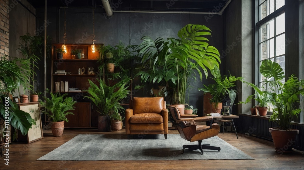 Obraz premium Contemporary loft with vintage armchair and tropical plants