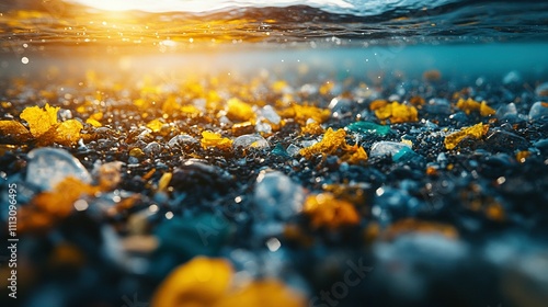 Underwater Seabed Scene With Yellow Algae And Pebbles photo