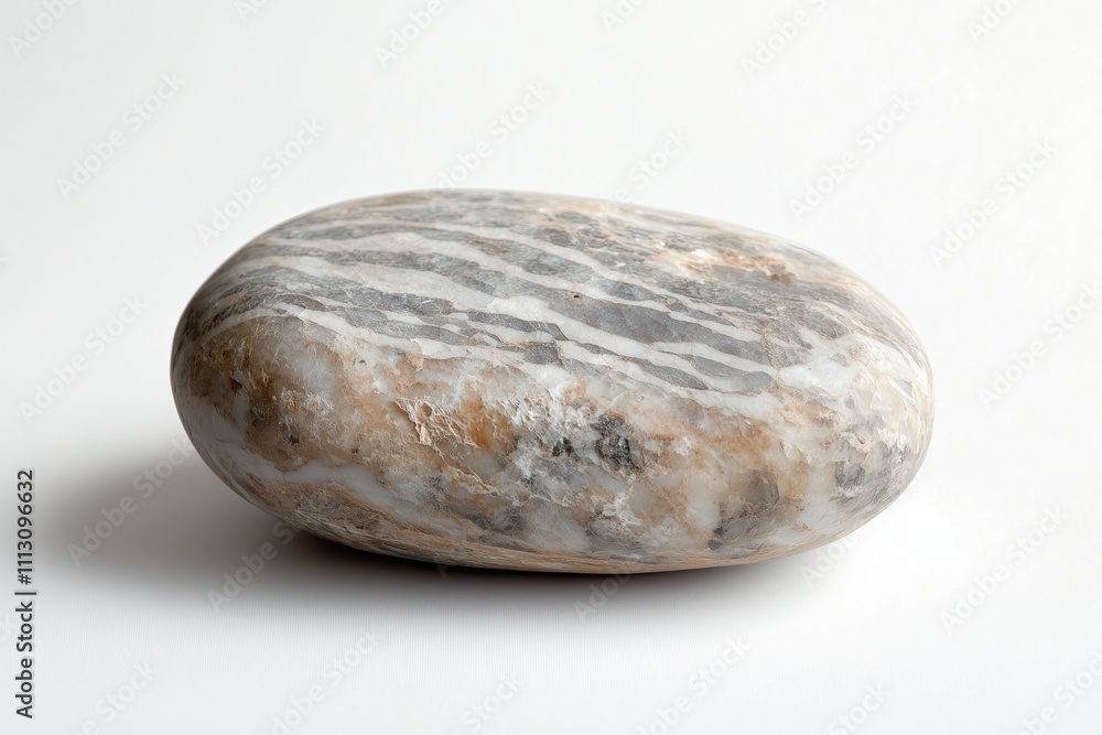 Smooth polished stone with natural beige and gray patterns on a white background Smooth polished stone with natural beige and gray patterns on a white background