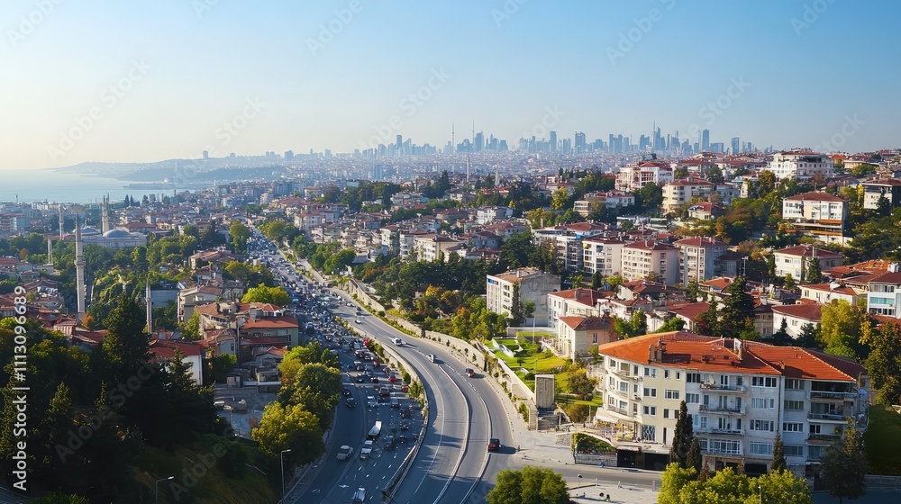 Obraz premium Panoramic Cityscape View Overlooking Urban Landscape at Sunset