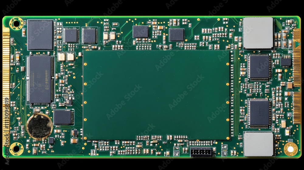 Circuit Board Technology with Chips and Components on Green Background Circuit Board Technology with Chips and Components on Green Background