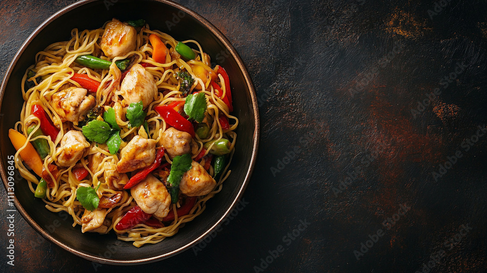 top view of spicy noodles pasta against black background.ai generative top view of spicy noodles pasta against black background.ai generative