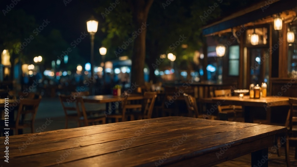 Deserted wooden table in elegant nighttime eatery Deserted wooden table in elegant nighttime eatery