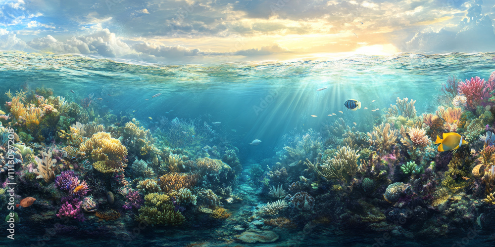 Fototapeta premium A vibrant underwater reef teeming with colorful coral, tropical fish, and sunlight streaming through the water's surface. The lively and biodiverse scene captures marine beauty.