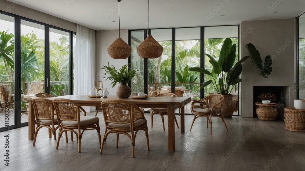 Fototapeta premium Elegant dining room with wabi sabi aesthetic charm