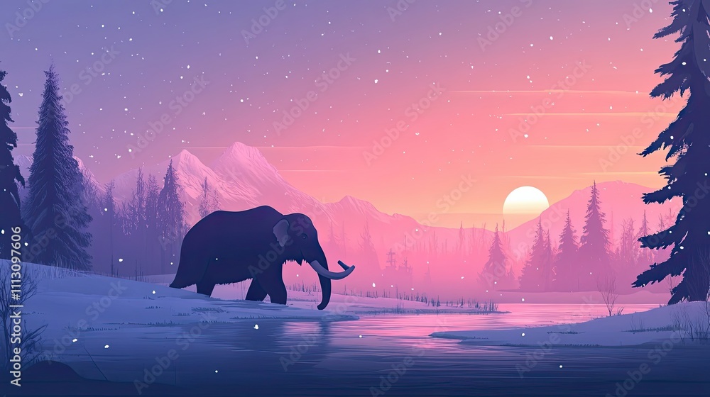 Fototapeta premium Woolly Mammoth at Sunset in a Snowy Winter Landscape