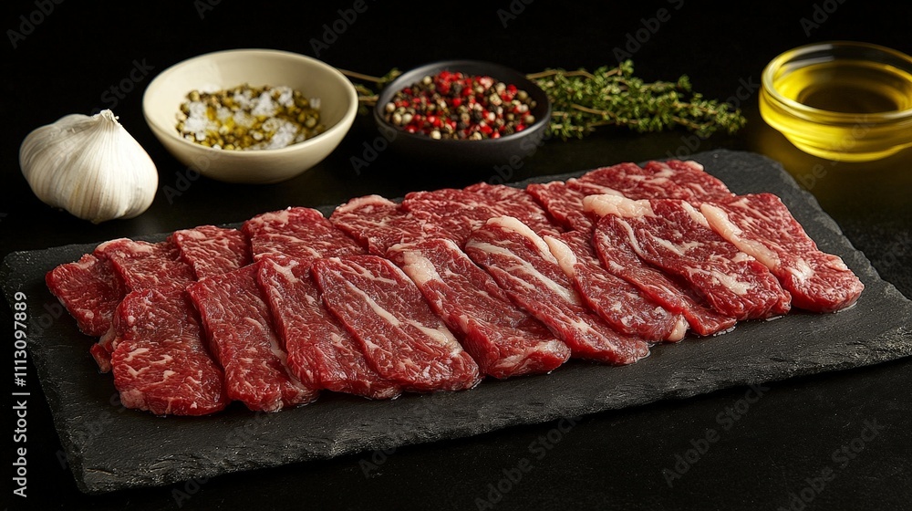 Fresh raw beef slices arranged on a slate with garlic, herbs, and spices for cooking. Fresh raw beef slices arranged on a slate with garlic, herbs, and spices for cooking.