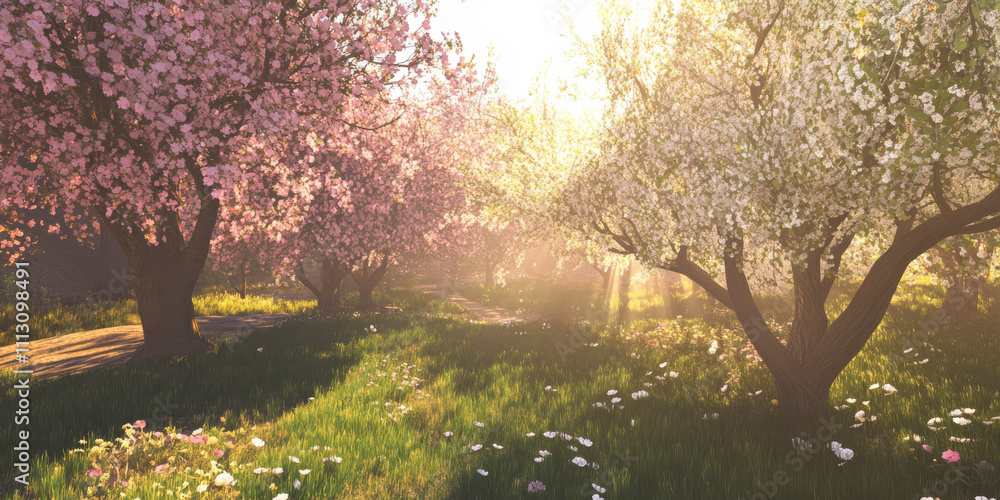 Fototapeta premium A tranquil orchard in full bloom with pink and white blossoms, bees buzzing, and soft sunlight casting dappled shadows on the ground. The peaceful setting captures the essence of spring.