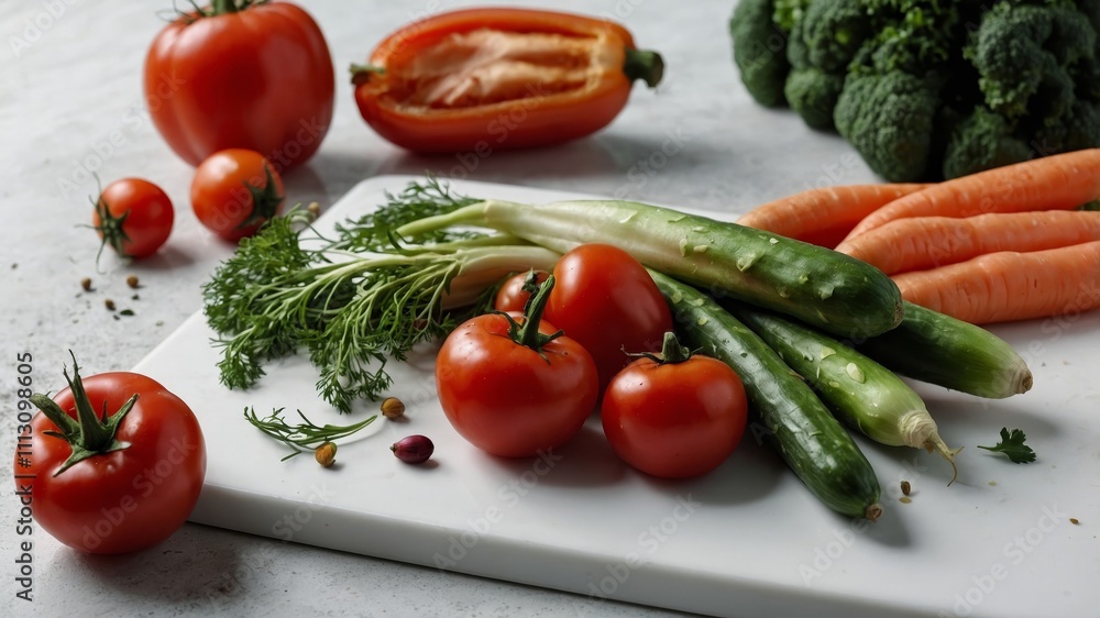 Fresh organic vegetables on white cutting board Fresh organic vegetables on white cutting board