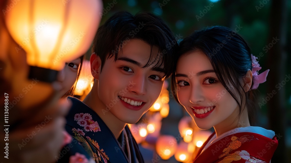 Romantic Couple in Kimonos at Night Festival Romantic Couple in Kimonos at Night Festival