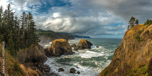 A dramatic cliffside vista with rugged rocks, crashing waves below, and a distant view of the ocean under a cloudy sky. The raw and powerful scene feels exhilarating.