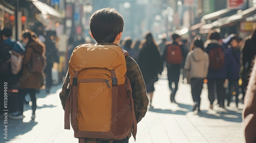 Boy Backpack Walking Busy City Street Scene