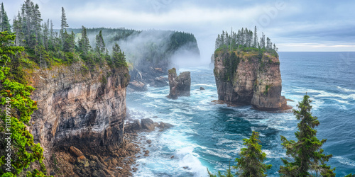 A dramatic coastline with towering sea stacks, crashing waves, and mist rising into the air under a moody overcast sky. The wild and rugged setting captures nature's raw power.