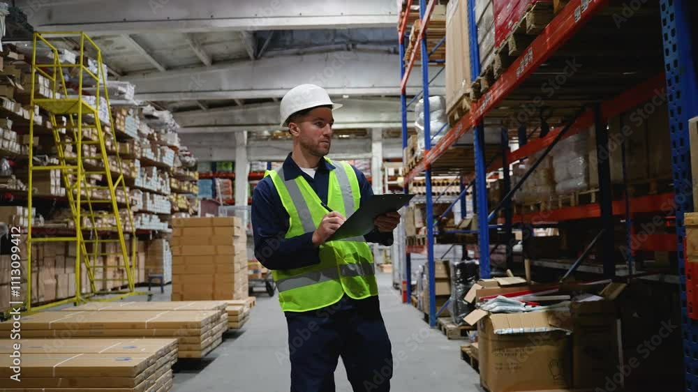 Warehouse Worker Walking and Reviewing Inventory List Warehouse Worker Walking and Reviewing Inventory List