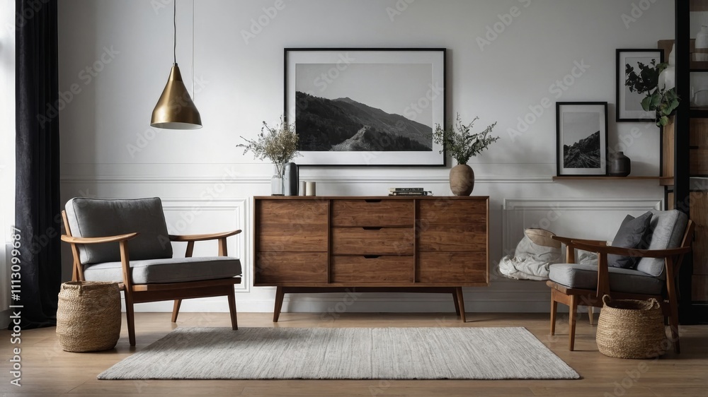 Fototapeta premium Living room interior with frame and wooden commode