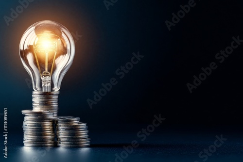 A light bulb glowing atop stacks of coins symbolizes innovation, wealth, and the fusion of ideas and finance in a dark, minimalist setting.