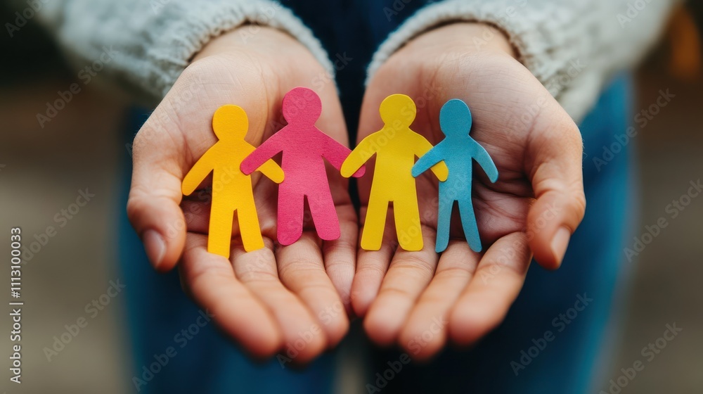 Close-up of hands holding colorful paper people