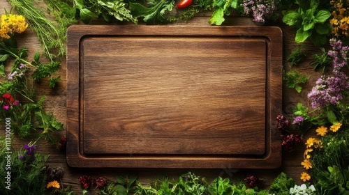 Rustic wooden cutting board surrounded by a vibrant assortment of fresh herbs and colorful edible flowers, ideal for culinary and gardening themes photo