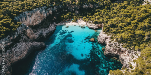 A serene tropical lagoon with turquoise waters, vibrant coral reefs, and lush green cliffs surrounding the bay. The tranquil setting feels like a hidden paradise. photo