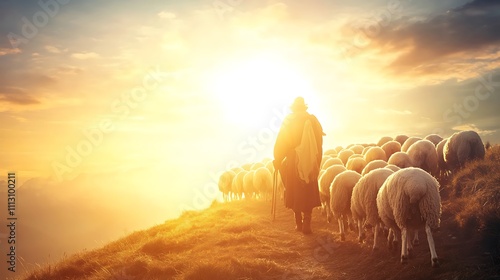 Wallpaper Mural a shepherd guiding his flock of sheep with beautiful sunset background, symbolizing protection and guidance Torontodigital.ca