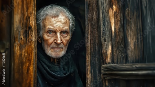 An elderly man with a thoughtful expression stands at a rustic doorway, surrounded by rough wooden textures. His deep gaze suggests wisdom and experience. Generative AI