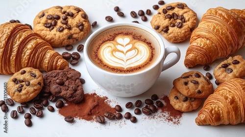 Wallpaper Mural Breakfast scene with coffee cup and pastries. Latte art on espresso. Croissants and cookies are on a white table. Coffee beans are scattered around. Delicious breakfast treat concept. Torontodigital.ca