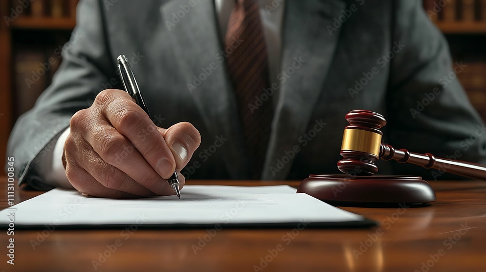 lawyer, signing, legal document, gavel. A lawyer in a suit writes on a document, with a gavel beside him, symbolizing legal proceedings and authority in a professional setting. lawyer, signing, legal document, gavel. A lawyer in a suit writes on a document, with a gavel beside him, symbolizing legal proceedings and authority in a professional setting.
