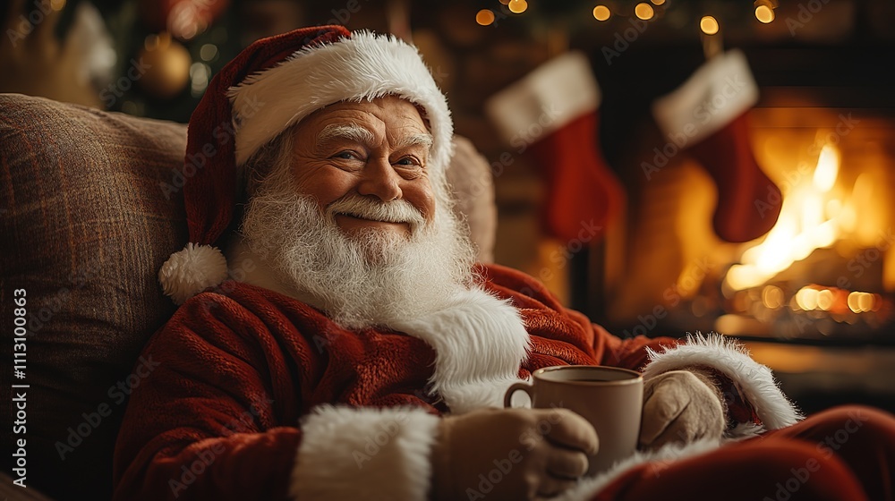 Santa Claus with cup of hot cocoa and cookie in room on Christmas eve Santa Claus with cup of hot cocoa and cookie in room on Christmas eve