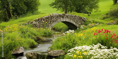 A serene countryside in spring with rolling green hills, blooming wildflowers, and a small stone bridge over a babbling brook. The peaceful and idyllic setting evokes timeless beauty.