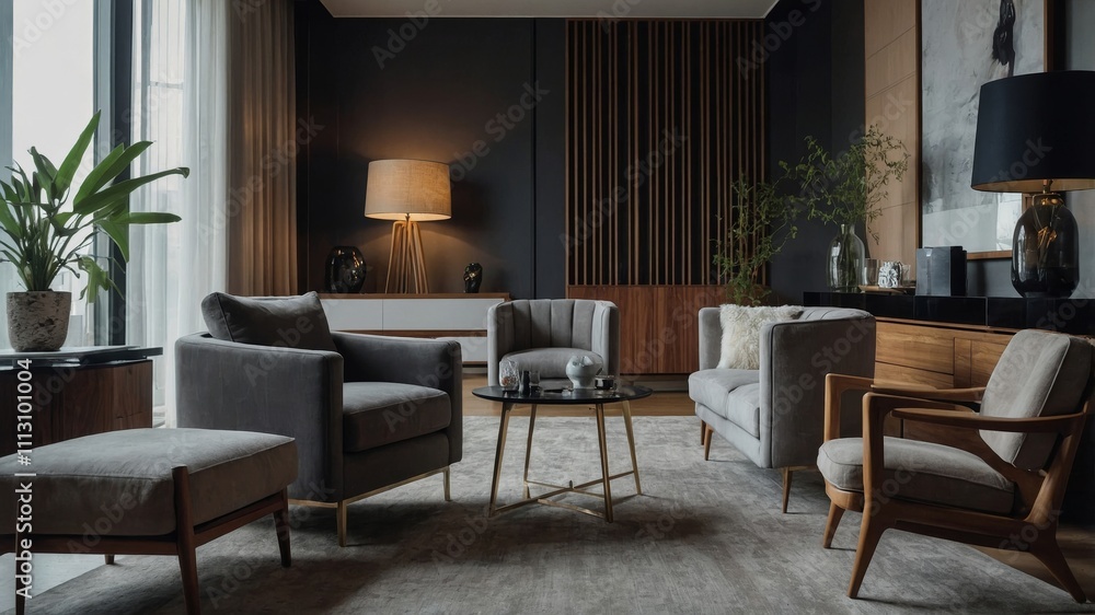 Modern living room with armchair and dining area Modern living room with armchair and dining area