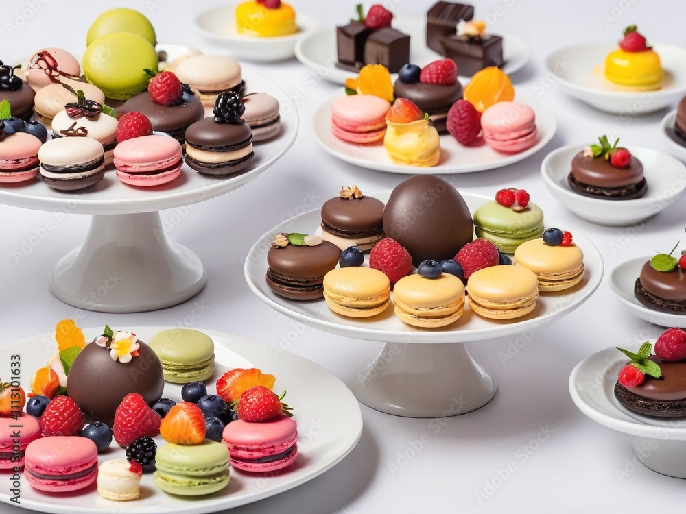 A selection of mini desserts, including macarons, chocolate truffles, and small fruit tarts, elegantly arranged on a white plate. Each dessert is colorful and detailed. Isolated on a white background. A selection of mini desserts, including macarons, chocolate truffles, and small fruit tarts, elegantly arranged on a white plate. Each dessert is colorful and detailed. Isolated on a white background.