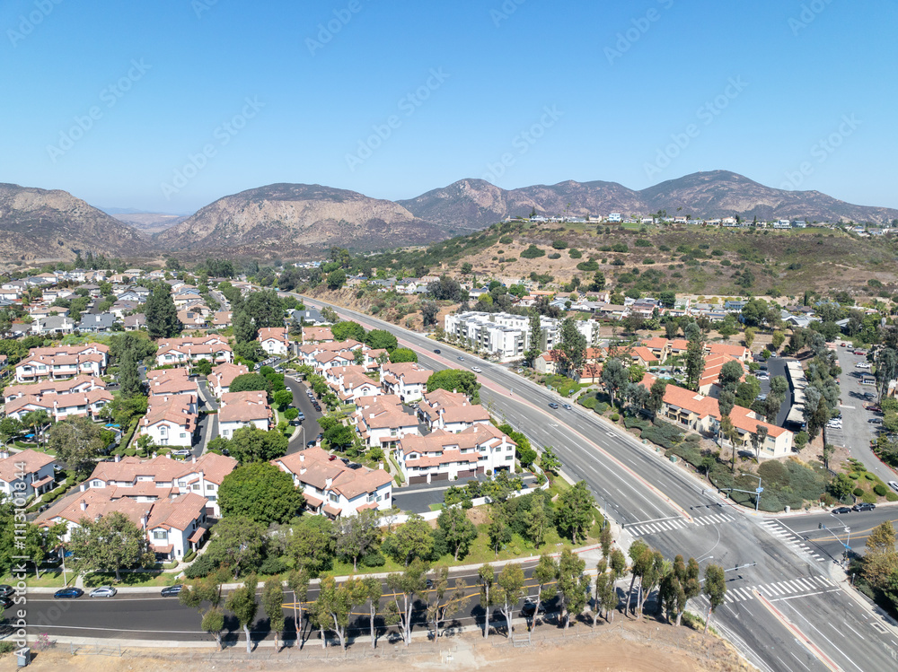 Aerial view of residential subdivision condominium house neighborhood in Mission Mesa. South California, USA