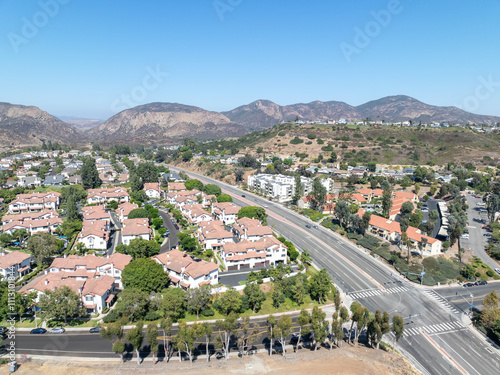 Obraz na płótnie Aerial view of residential subdivision condominium house neighborhood in Mission Mesa. South California, USA w salonie