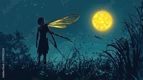 Nighttime Fairy Silhouette Underneath A Yellow Moon photo