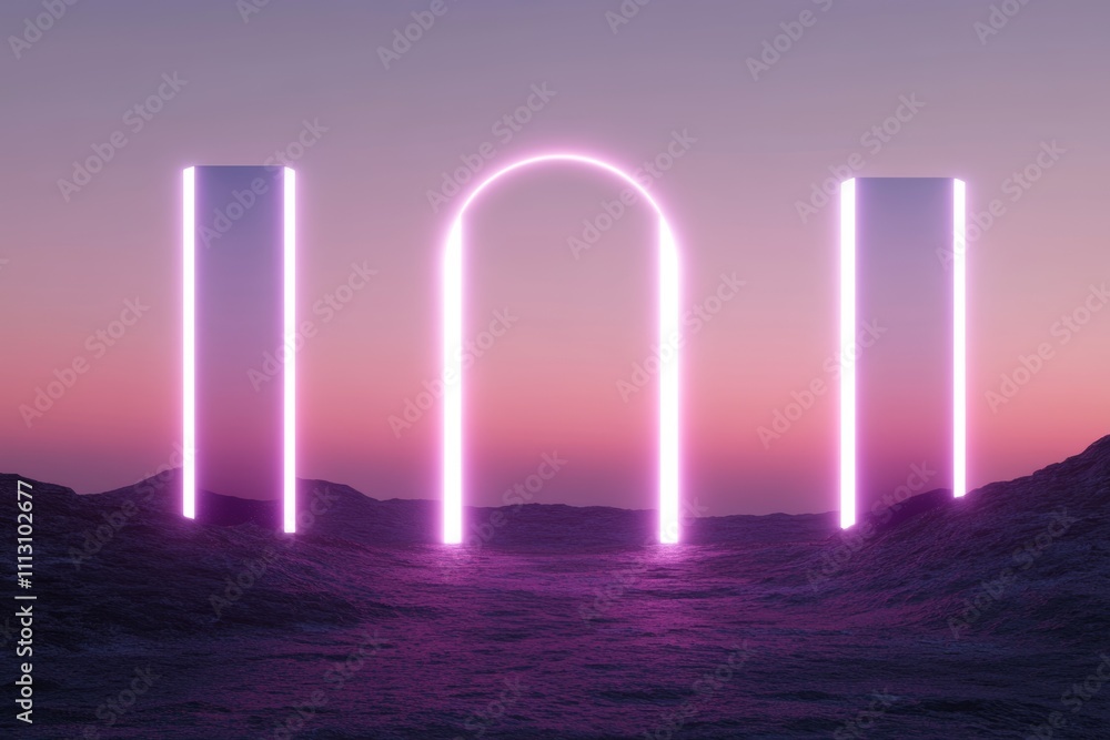 Surreal landscape with neon pink arches at sunset over an ocean Surreal landscape with neon pink arches at sunset over an ocean