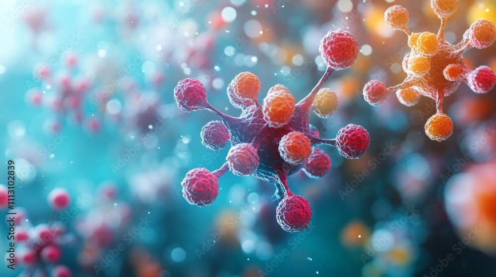 Microscopic view of vibrant, complex molecules in a dynamic, three-dimensional space. Microscopic view of vibrant, complex molecules in a dynamic, three-dimensional space.