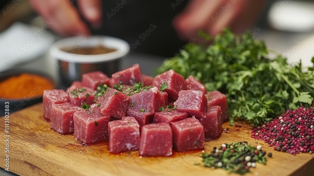 Freshly diced meat on a wooden board with herbs and spices for culinary preparation. Freshly diced meat on a wooden board with herbs and spices for culinary preparation.