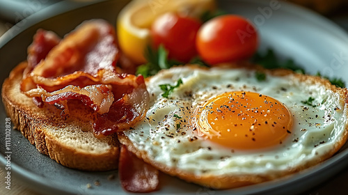 Crispy bacon, sunny-side-up egg, and toast on a plate, close-up