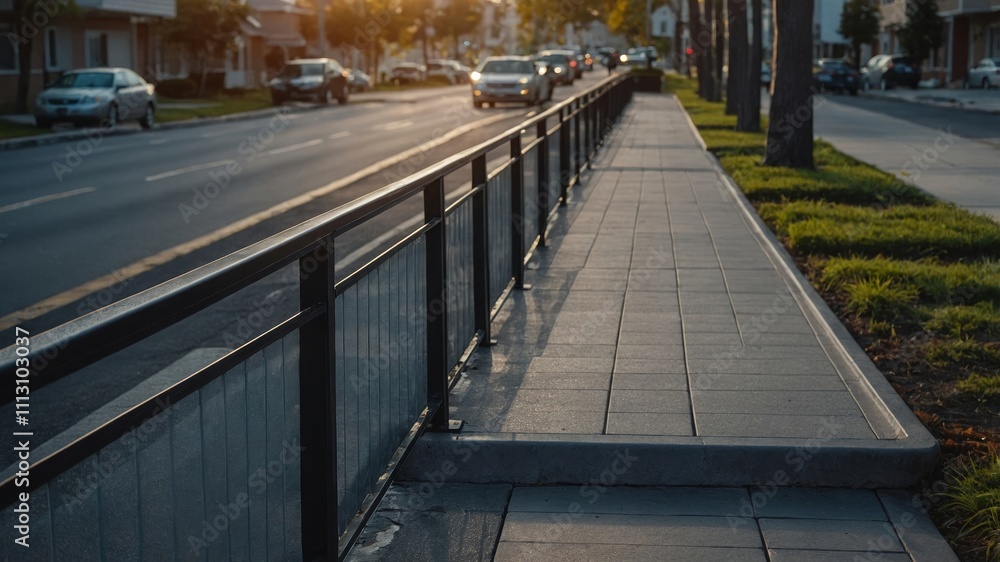 Residential curb with railing and sidewalk background Residential curb with railing and sidewalk background