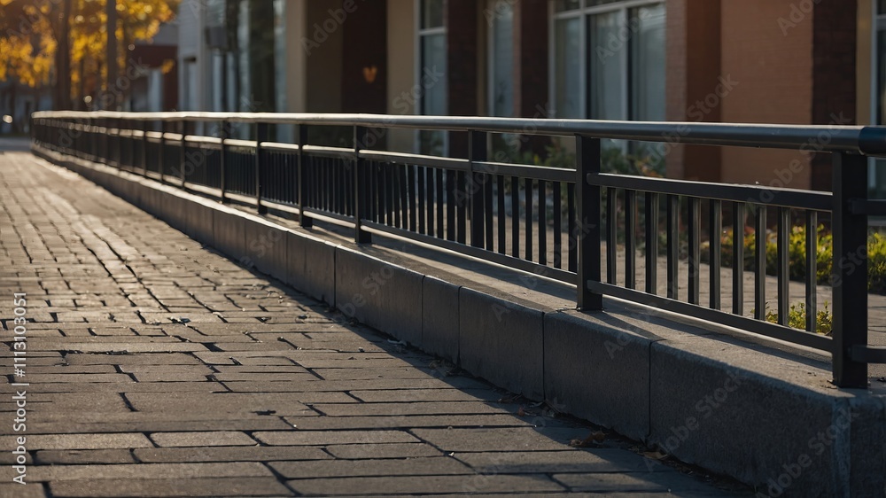 Residential sidewalk with railing and plastic panel Residential sidewalk with railing and plastic panel