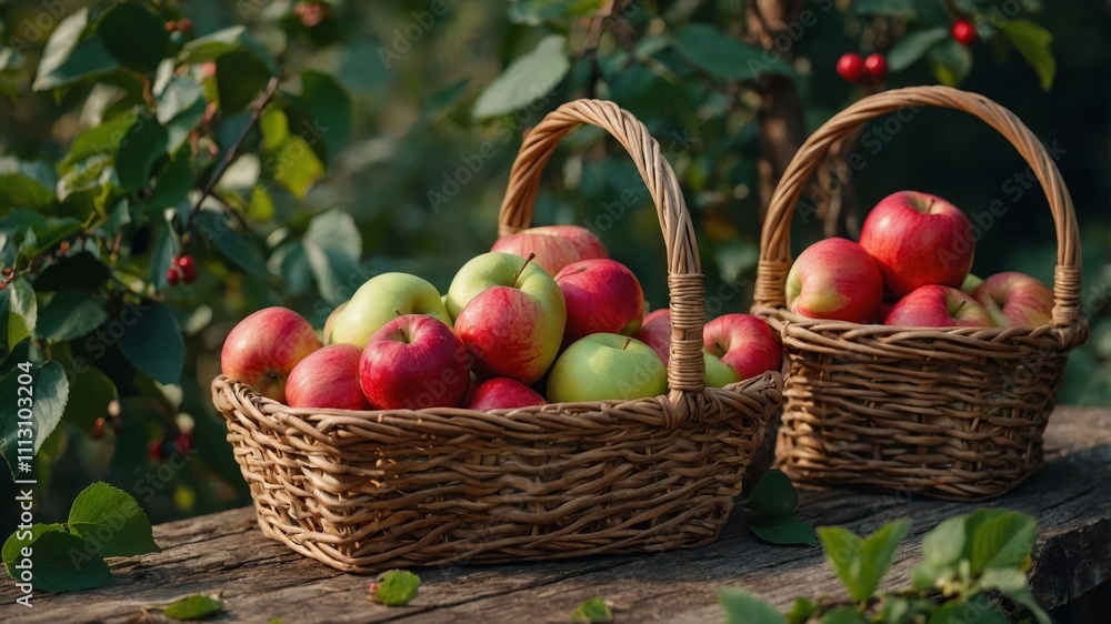 Ripe apples and viburnum in woven baskets Ripe apples and viburnum in woven baskets