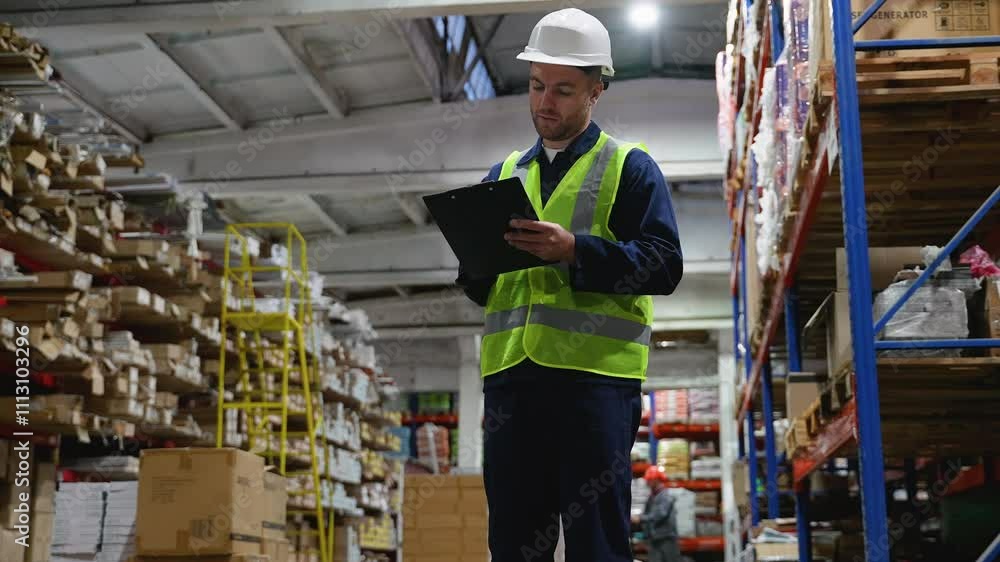 A warehouse worker in safety gear meticulously reviews inventory on a clipboard, ensuring accurate tracking and organization of stock in the warehouse A warehouse worker in safety gear meticulously reviews inventory on a clipboard, ensuring accurate tracking and organization of stock in the warehouse